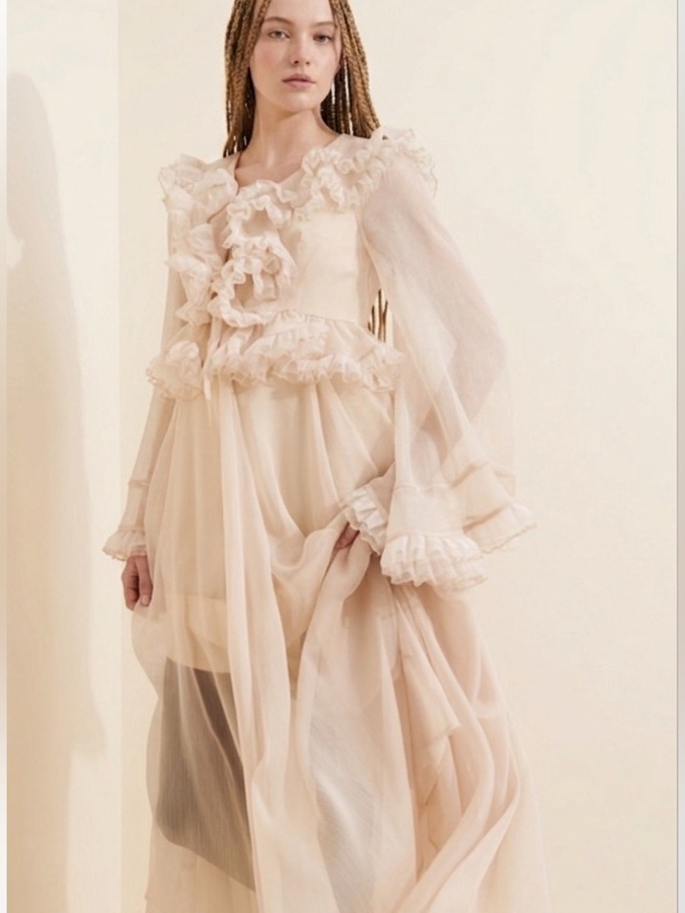 CeliaB Bliss Ruffle Detail Midi Dress Beige Elegant Cottagecore Romantic XL